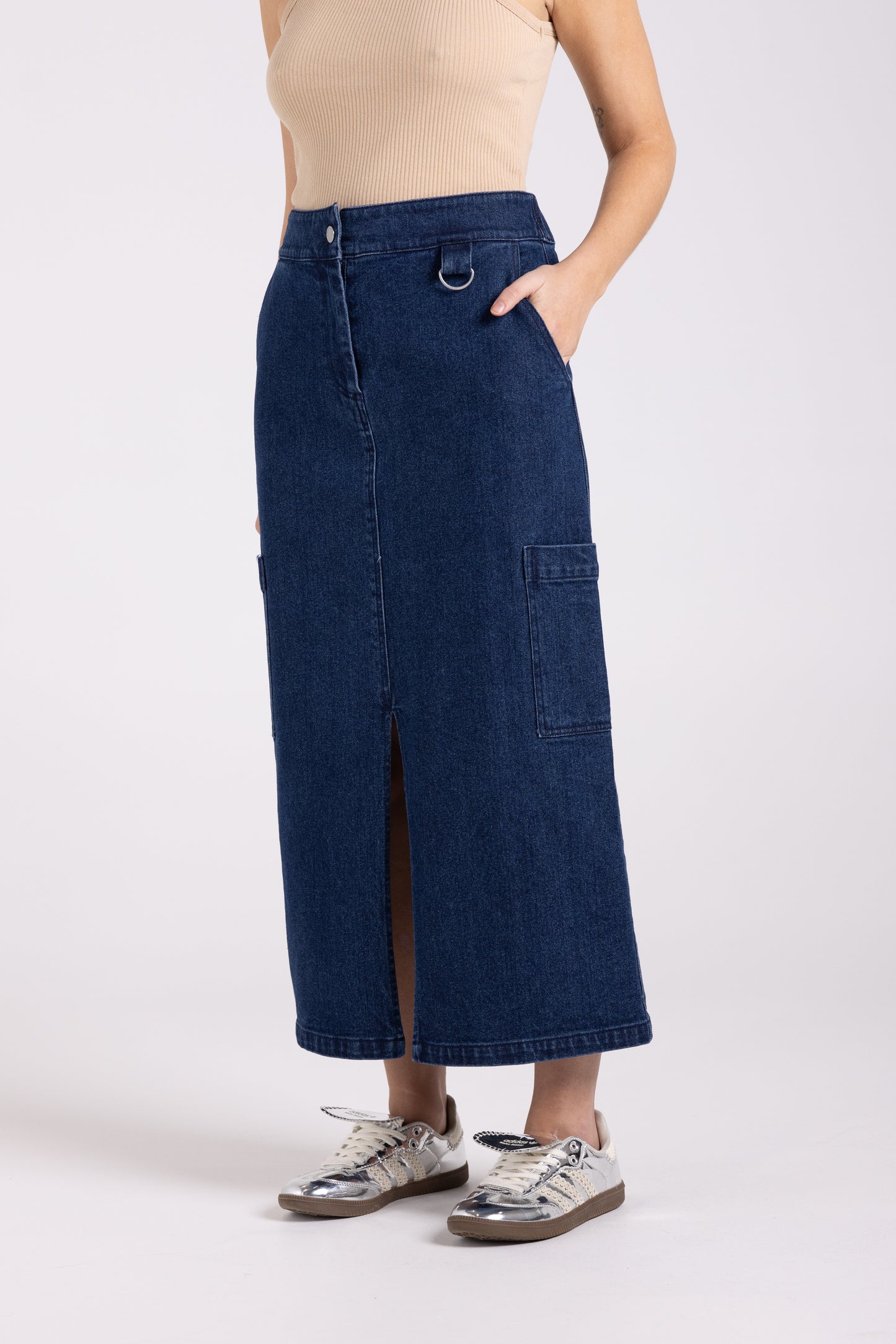 Denim Midi Cargo Skirt