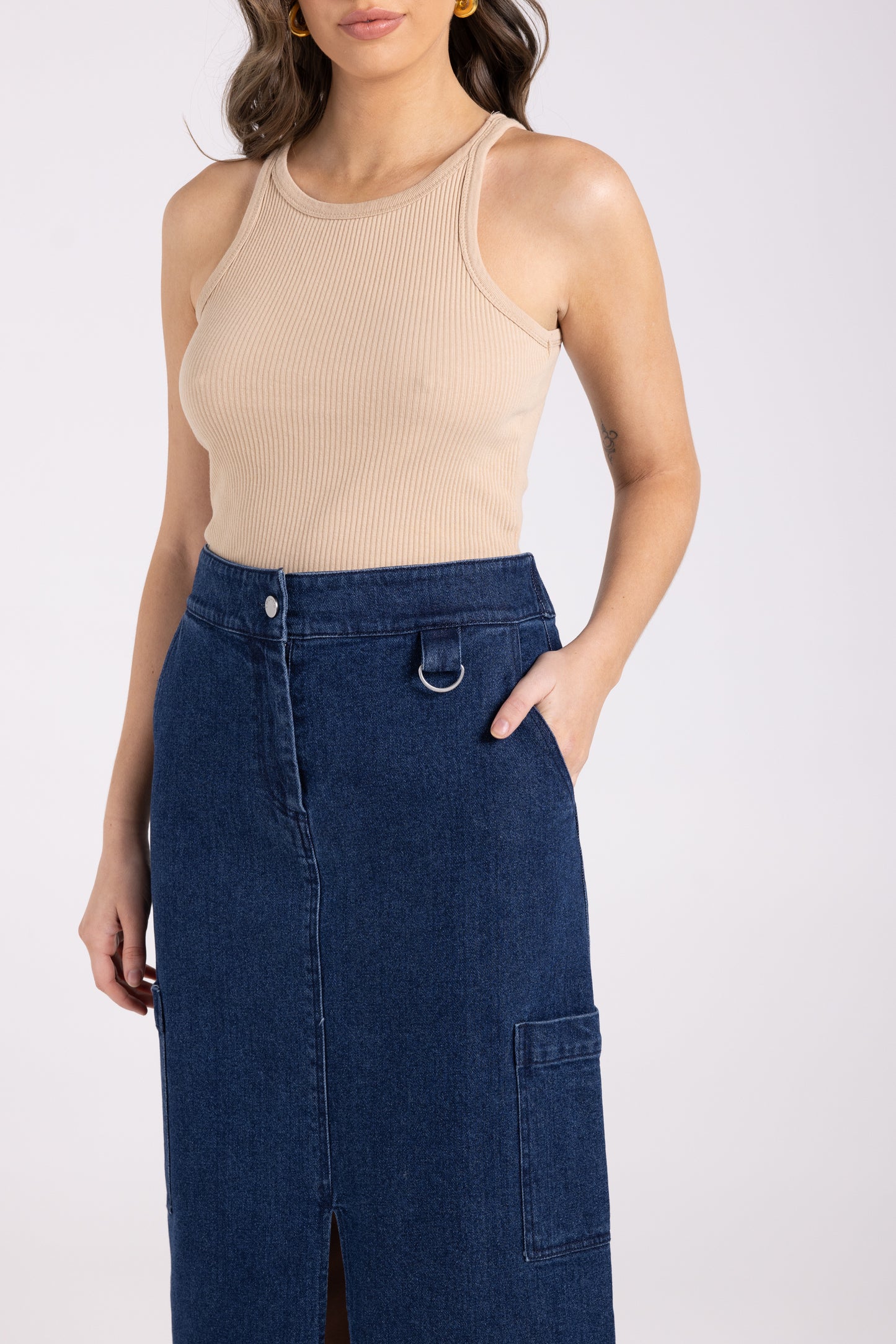 Denim Midi Cargo Skirt