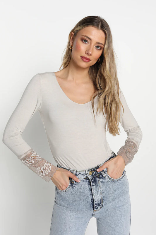 Long Sleeve Tee with French Lace Trim