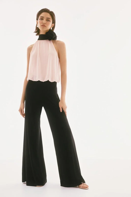 Silky Knit and Chiffon Wide Leg Jumpsuit