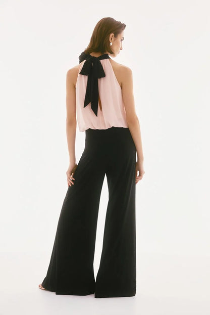 Silky Knit and Chiffon Wide Leg Jumpsuit