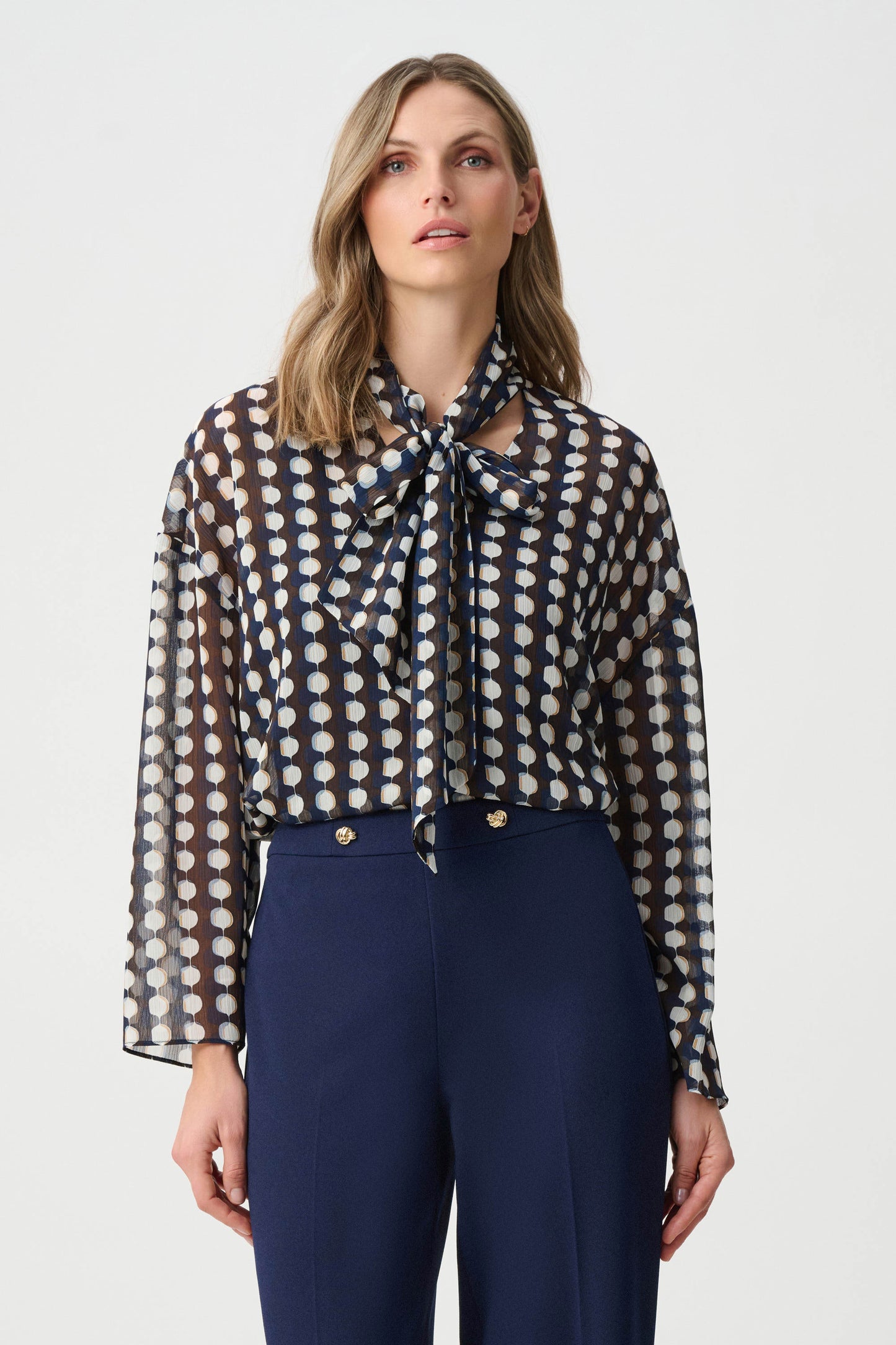Chiffon Geometric Print Tie-Neck Blouse