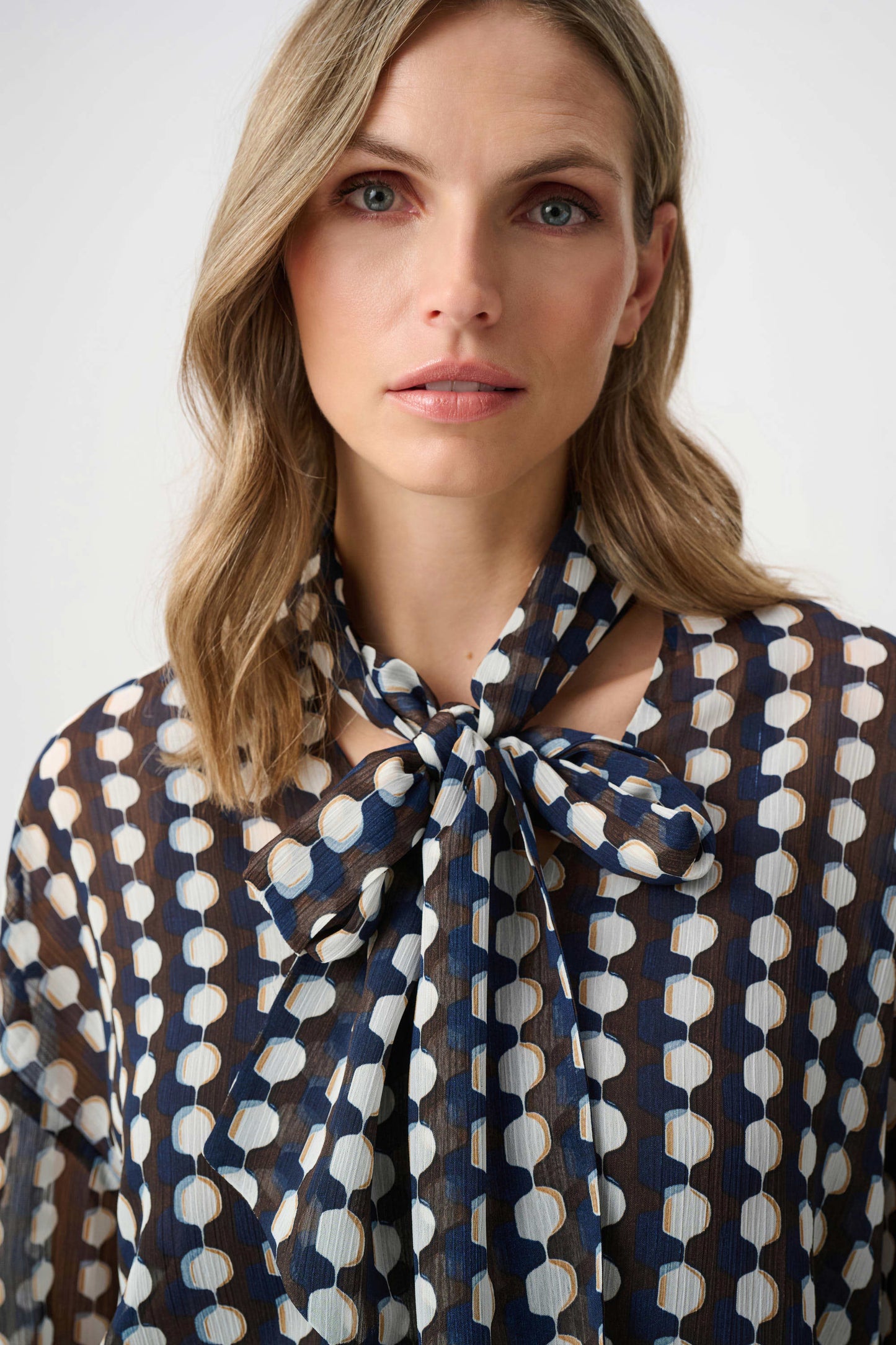 Chiffon Geometric Print Tie-Neck Blouse