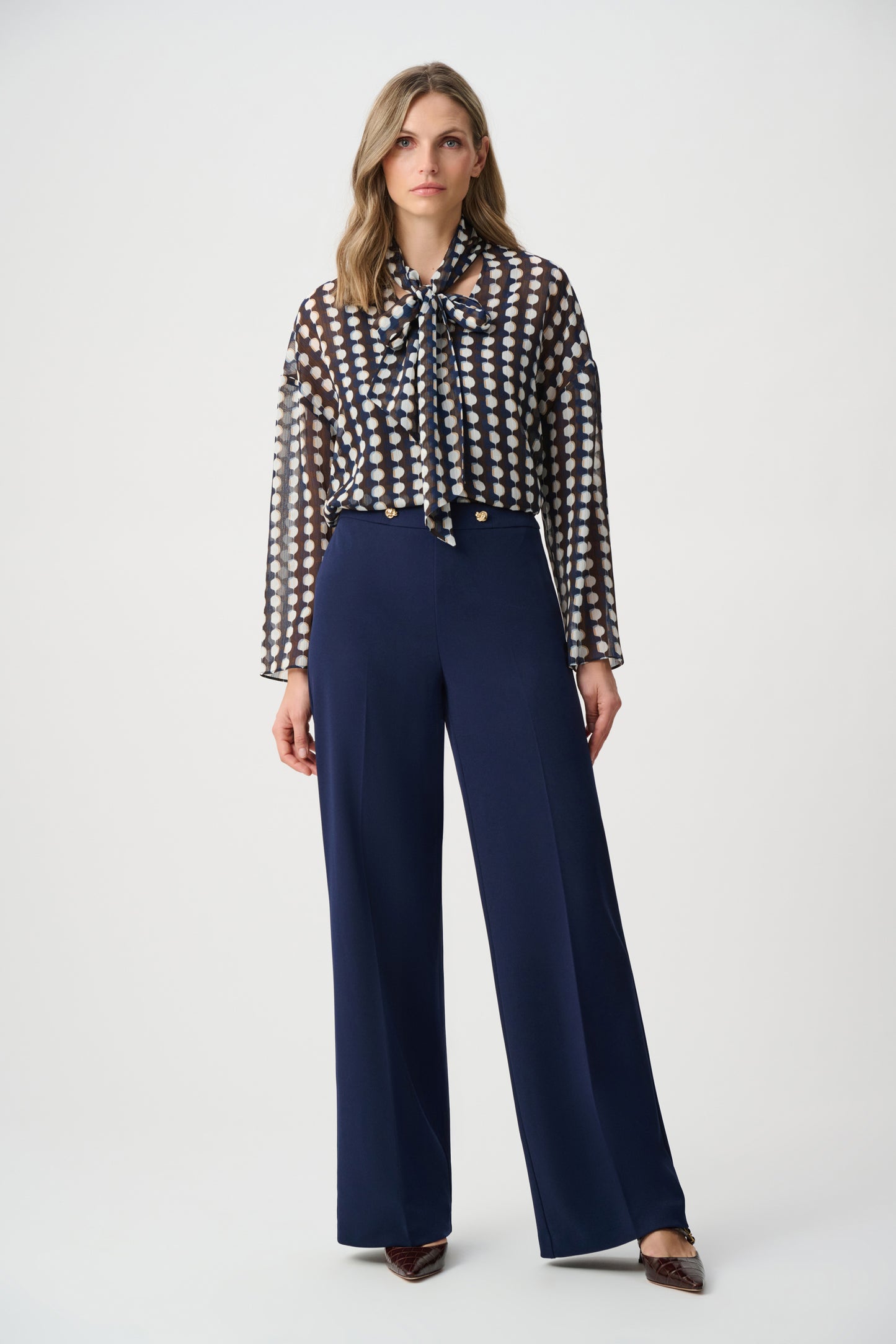 Chiffon Geometric Print Tie-Neck Blouse