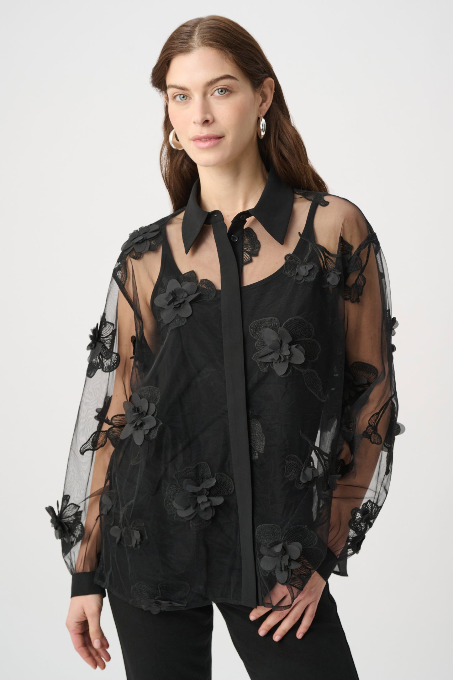Sheer Textured Flower Applique Blouse
