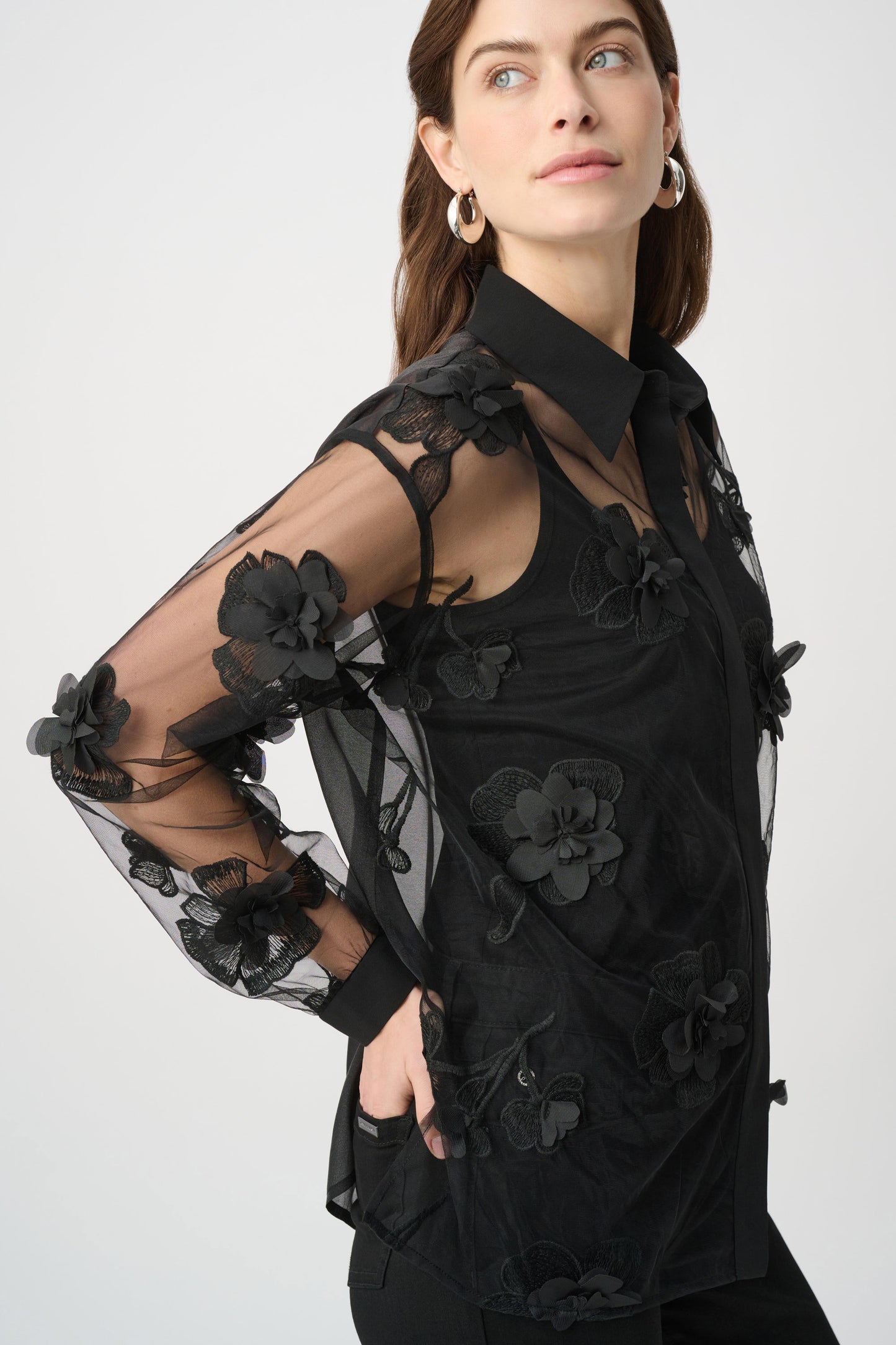 Sheer Textured Flower Applique Blouse
