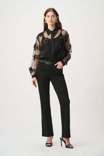 Sheer Textured Flower Applique Blouse