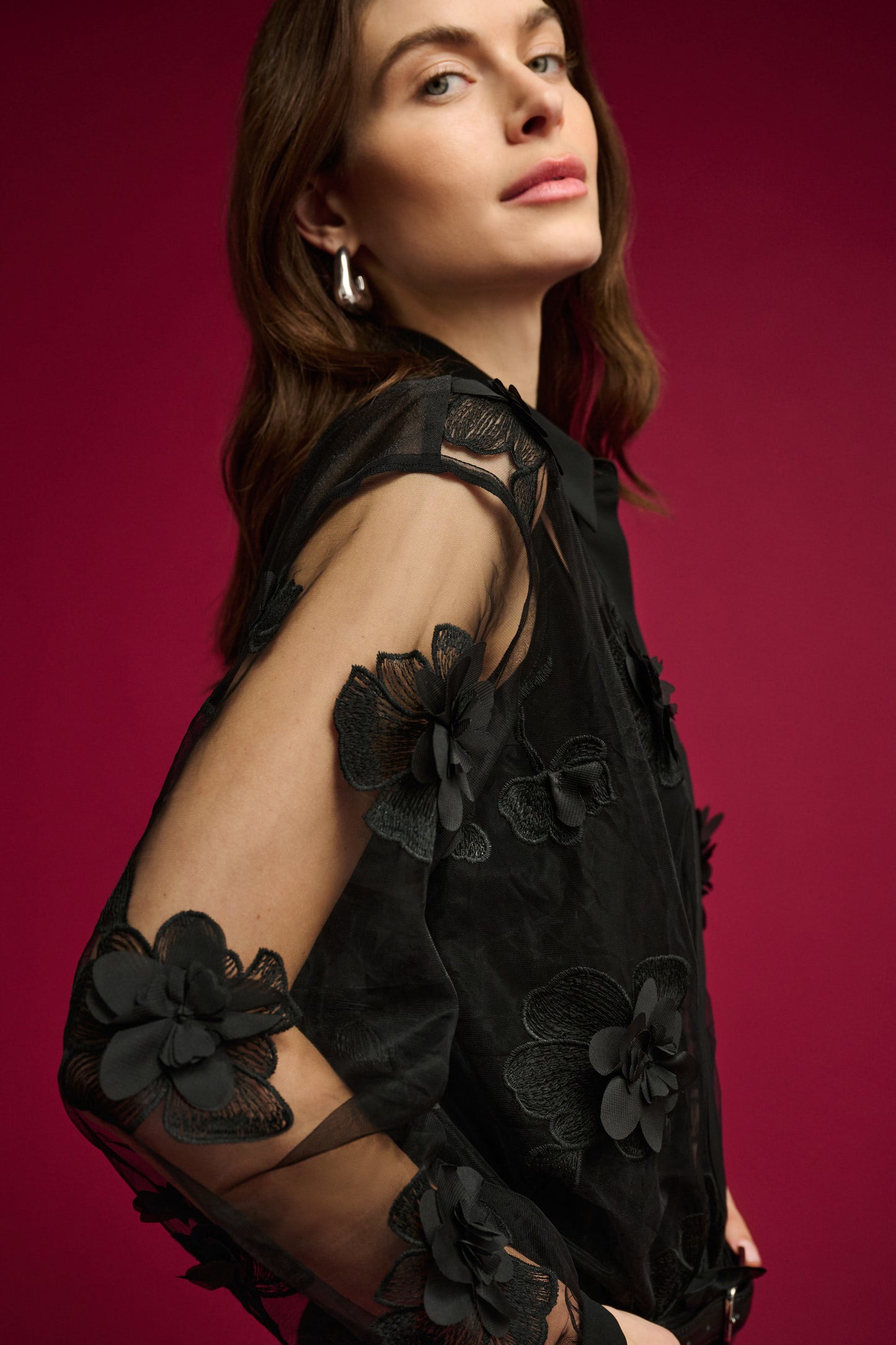 Sheer Textured Flower Applique Blouse