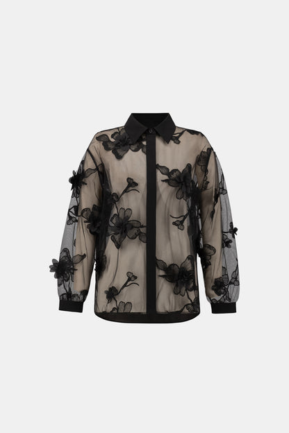 Sheer Textured Flower Applique Blouse