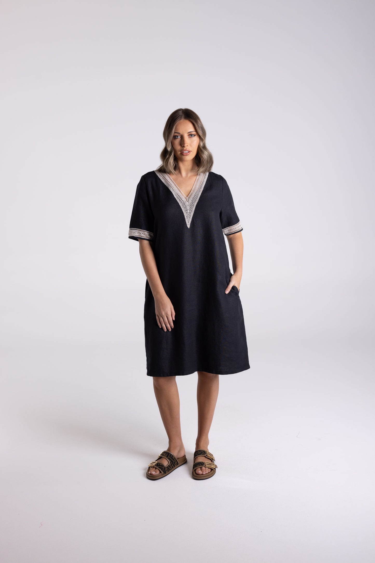 V Neck Dress with Lace Detail