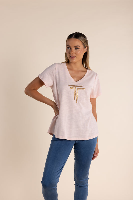 Log Sequin V Neck T-Shirt Gold Sequins