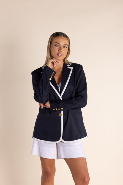 Linen Mix Blazer w/Contrast Trim