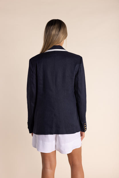 Linen Mix Blazer w/Contrast Trim