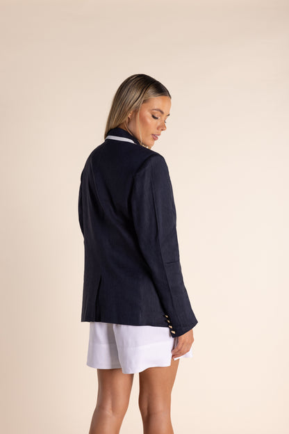 Linen Mix Blazer w/Contrast Trim