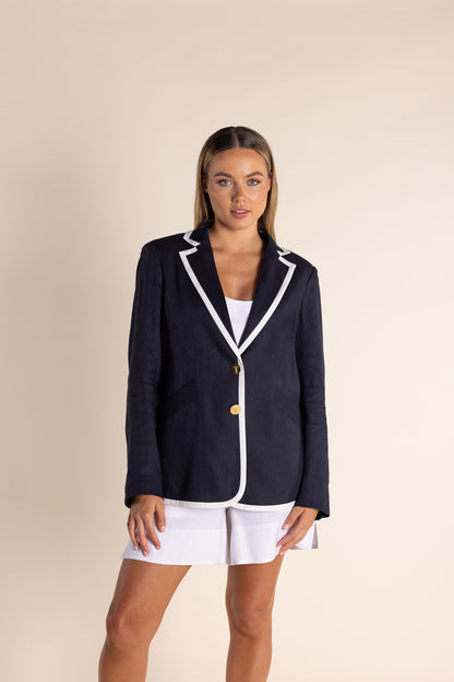 Linen Mix Blazer w/Contrast Trim