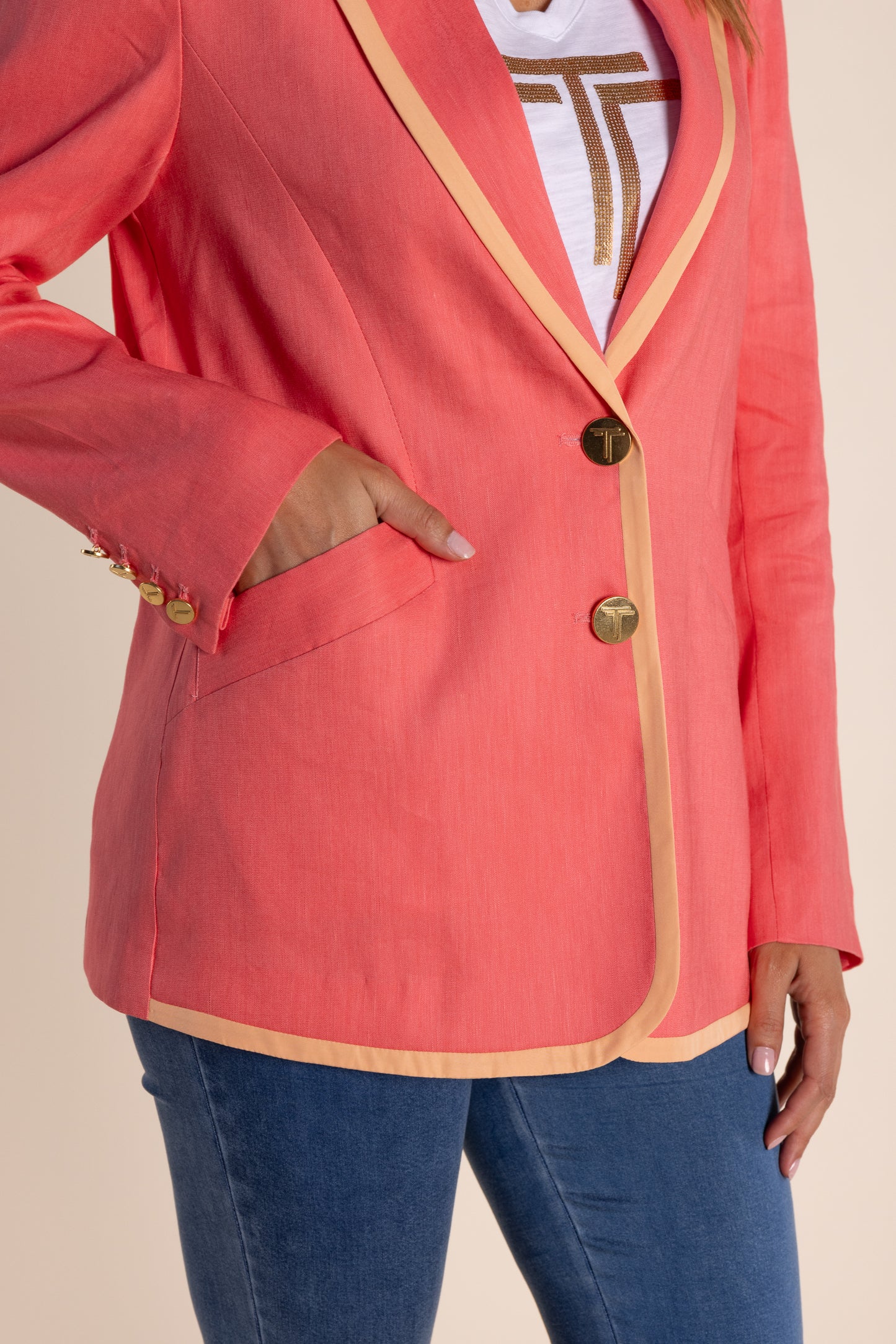 Linen Mix Blazer w/Contrast Trim