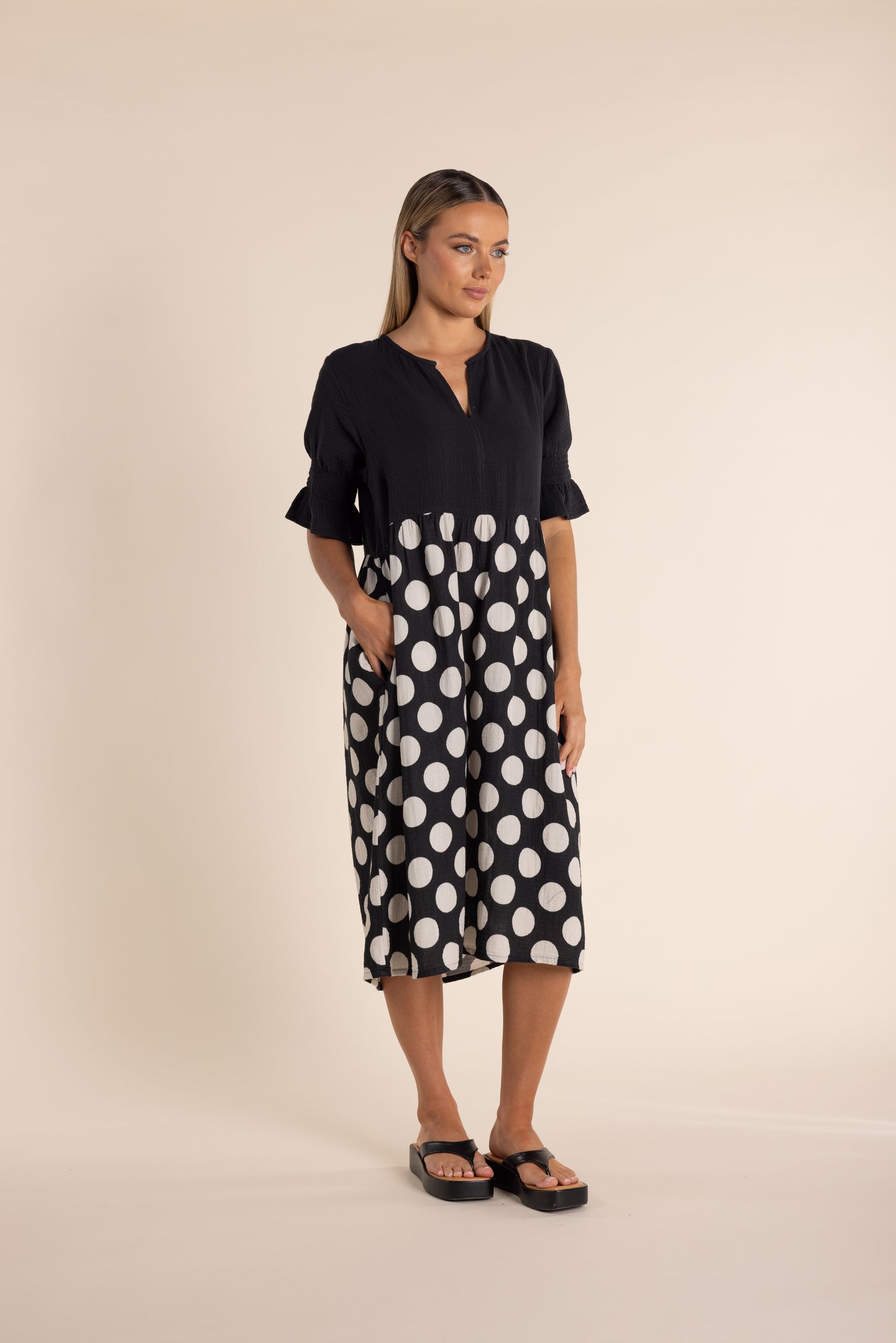 Spot Print Dress w/ Contrast Bodice