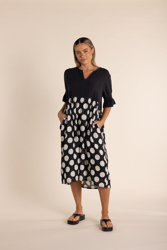 Spot Print Dress w/ Contrast Bodice