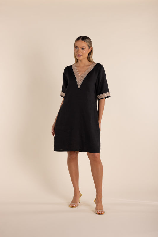 Linen V-Neck Dress w/ Lace Trim