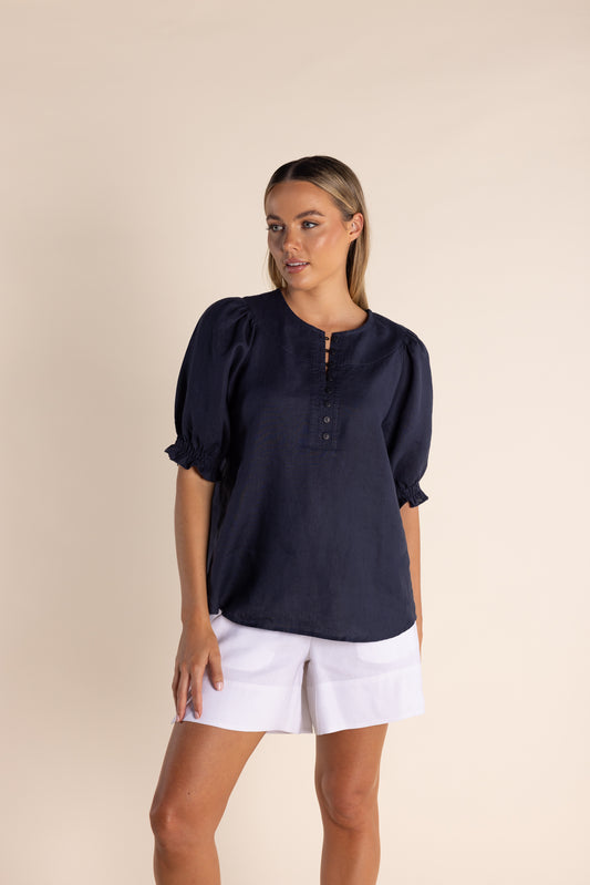 Button Linen Top, Puff Sleeve