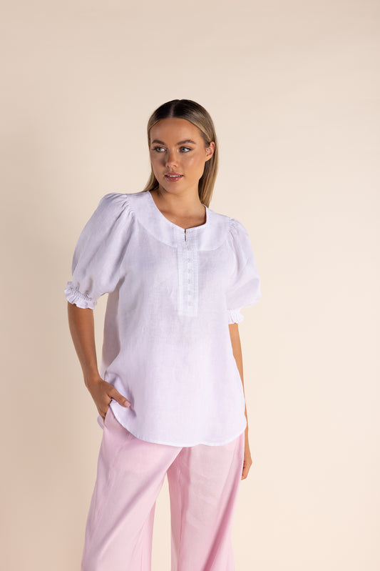 Button Linen Top, Puff Sleeve